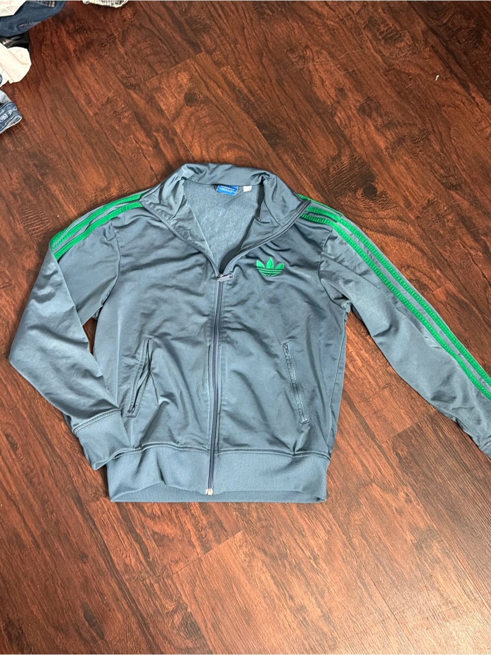 adidas Kids Gray Track Jacket with Green Stripes and Logo